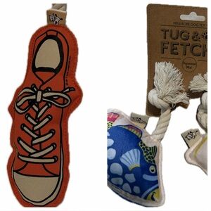 NWT 2 Speckle & Spot Dog Rope Toys- Stuffed Orange Shoe and 2 stuffed mini fish